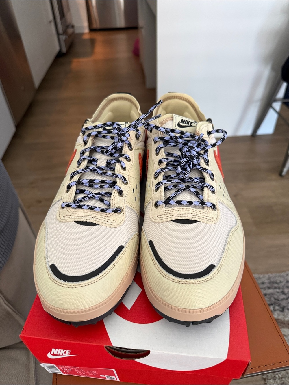 Nike Men’s Cream and Black Trail Sneakers with Orange Swoosh